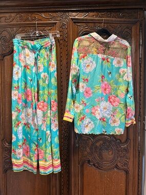Floral Wide-Leg Pants in Aqua